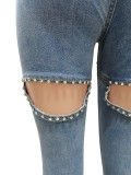 SC Casual Holes Beading Slim Jeans CM-8687