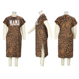 Plus Size Leopard Print Short Sleeve Midi Dress XHSY-19816