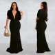 SC Solid Pleated Deep V Neck Maxi Dress BY-6363