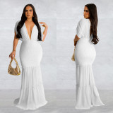 SC Solid Pleated Deep V Neck Maxi Dress BY-6363