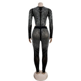SC Sexy Mesh Long Sleeve Hot Drill Bodysuit And Pants 2 Piece Set BY-6389