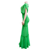 SC Solid Pleated Deep V Neck Maxi Dress BY-6363