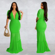 SC Solid Pleated Deep V Neck Maxi Dress BY-6363