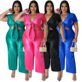SC Plus Size Solid Color Tie Up And Wide Leg Pants Two Piece Set NNWF-7888