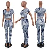 SC Print Short Sleeve Tops And Pleated Pant 2 Piece Set JH-339