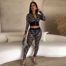 SC Plus Size Hot Drill Long Sleeve Mesh Two Piece Set NY-2745