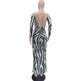 SC Stripe Print Backless Long Sleeve Maxi Dress WAF-77608