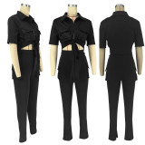 SC Solid Short Sleeve Shirt And Slit Pants Two Piece Set FOSF-8365
