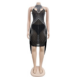 SC Solid Color Mesh Hot Drill Mini Dress BY-6353