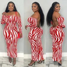 SC Stripe Print Backless Long Sleeve Maxi Dress WAF-77608