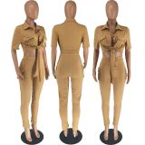 SC Solid Short Sleeve Shirt And Slit Pants Two Piece Set FOSF-8365