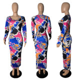 SC Fashion Print Long Sleeve Maxi Dress(Without Mask) LUO-6608