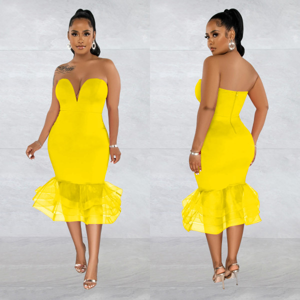 SC Sexy Mesh Splicing Tube Top Midi Dress BY-6555