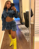 SC Fashion Denim Long Sleeve Two Piece Skirts Set MEM-88500