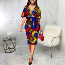 SC Print Short Sleeve V Neck Midi Dress SMR-12008