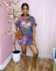 SC Fashion Tie-dye PINK Letter Printed Short Sleeve Shorts Two Piece Sets BYMF-60030