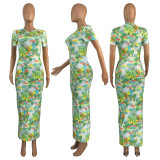 SC Casual Print Short Sleeve Slim Maxi Dress HHF-9133