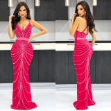 SC Sexy Hot Drilling Backless Sling Maxi Dress BY-6388