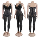 SC Plus Size Feather Patchwork Hot Drill Jumpsuit NY-2762