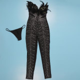 SC Plus Size Feather Patchwork Hot Drill Jumpsuit NY-2762