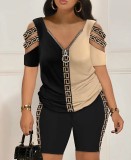 SC Plus Size Fashion Print Zipper Two Piece Shorts Set LS-0399
