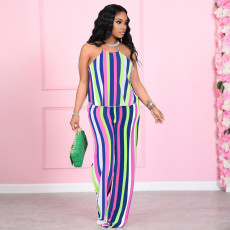 SC Plus Size Colorful Stripe Halter Loose Two Piece Pants Set XMF-MY302