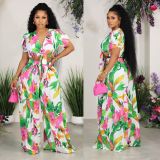 SC Plus Size Short Sleeve Print Tie Up Loose Two Piece Pants Set NY-2761