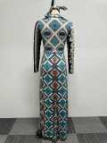 SC Print Lapel Neck Long Sleeve Slit Maxi Dress NY-2788