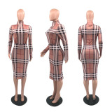 SC Plaid Print Long Sleeve Bodycon Dress QKYF-71367