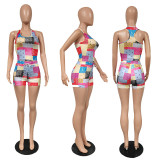 SC Casual Patchwork Print Tight Two Piece Shorts Set YIM-353