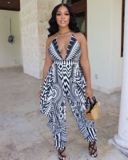 SC Plus Size Sexy Deep V Neck Print Backless Jumpsuit LSL-0013