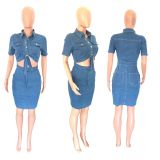 SC Denim Single Breasted Hollow Out Mini Dress LX-3546