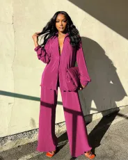 SC Solid Long Sleeve Pleated Two Piece Pants Set ANDF-1555