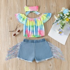 SC Kids Girls Fashion Print Tops And Holes Tassel Denim Shorts 3 Piece Set YKTZ-51