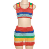 SC Color Block Knit Crop Tops And Skirt 2 Piece Set XEF-W23S31549