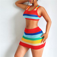 SC Color Block Knit Crop Tops And Skirt 2 Piece Set XEF-W23S31549