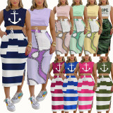 SC Sleeveless Crop Tops And Print Slit Skirt 2 Piece Set SH-S390480