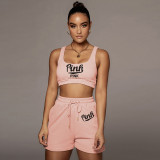 SC PINK Letter Print Tank Tops And Shorts Sport Suit CQF-S955