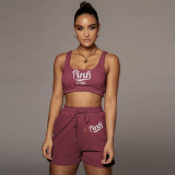 SC PINK Letter Print Tank Tops And Shorts Sport Suit CQF-S955