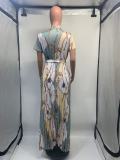 SC Short Sleeve Print Press Pleated Maxi Dress(With Waist Belt) GDNY-D2237