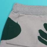 SC Leaf Print V-neck Long Sleeve Sweater Two Piece Shorts Set NY-098