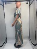 SC Short Sleeve Print Press Pleated Maxi Dress(With Waist Belt) GDNY-D2237