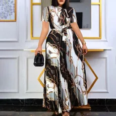 SC Short Sleeve Print Press Pleated Maxi Dress(With Waist Belt) GDNY-D2237