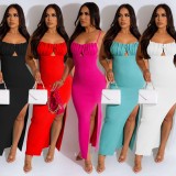 SC Solid Wrap Chest Backless Slit Maxi Dress BY-6598