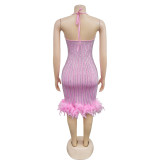 SC Solid Hot Diamond Feather Splicing Mini Dress BY-6609