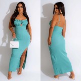 SC Solid Wrap Chest Backless Slit Maxi Dress BY-6598