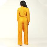 SC Solid Pleated Long Sleeve Two Piece Pants Set(With Waist Belt) MIL-L514