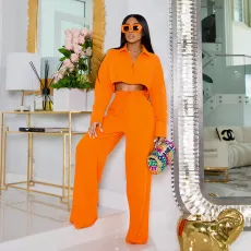 SC Long Sleeve Solid Shirt And Wide Leg Pant 2 Piece Set NK-8628