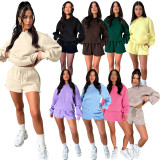 SC Solid Color Long Sleeve Hooded Sweatshirt Two Piece Shorts Set SSNF-211336