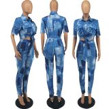 SC Short Sleeve Print Tie Up Two Piece Pants Set FOSF-FA8368